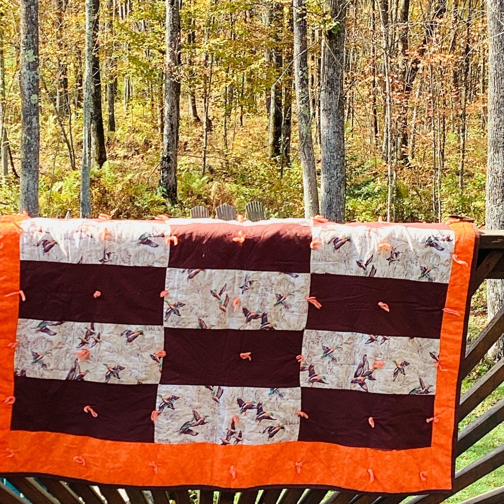 🦆 🪿 Handmade Lap Quilt or Wall Hanging Orange & Brown OOAK  🪶